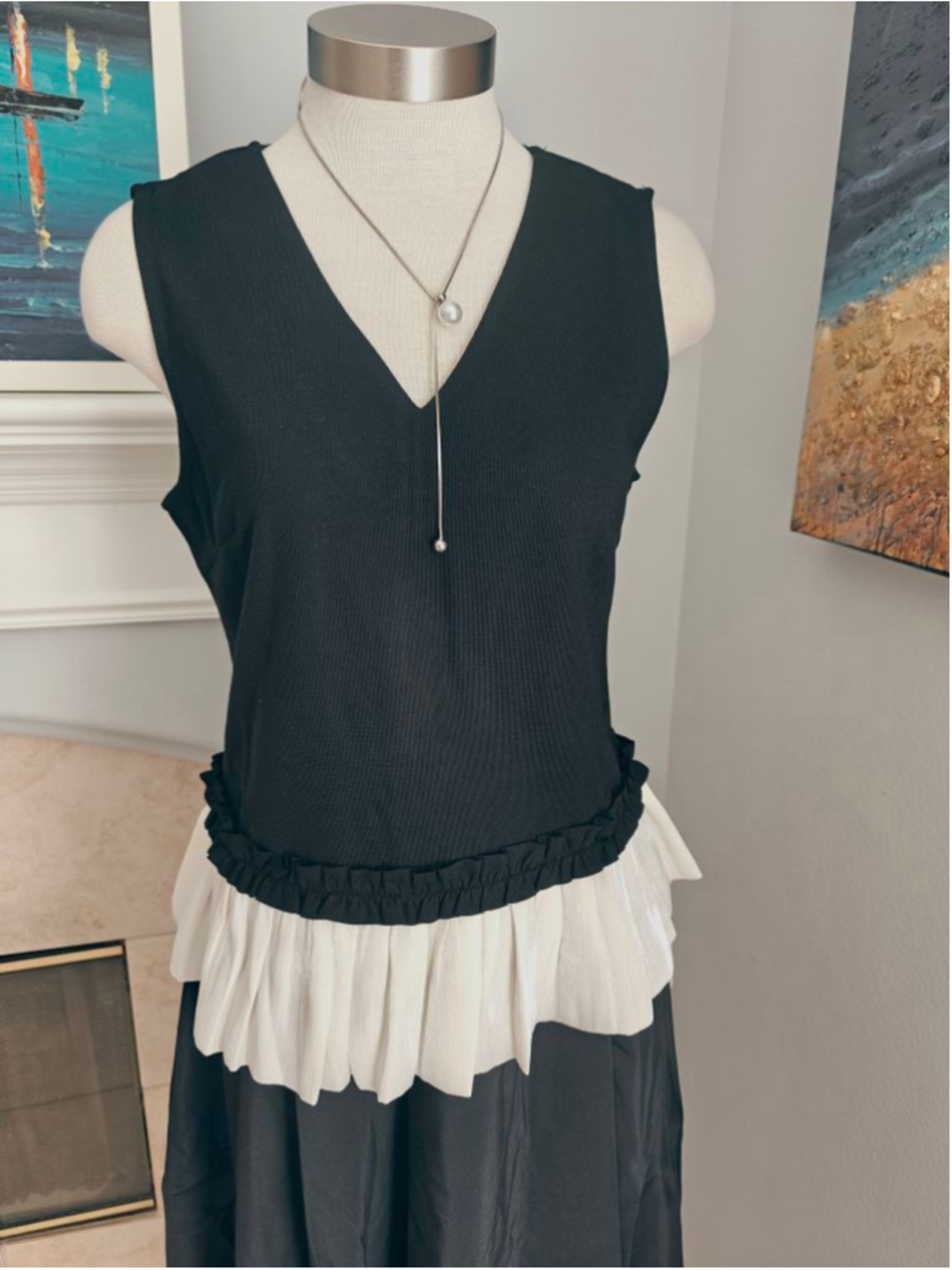 Women's Black and White Ruffle Tank Top